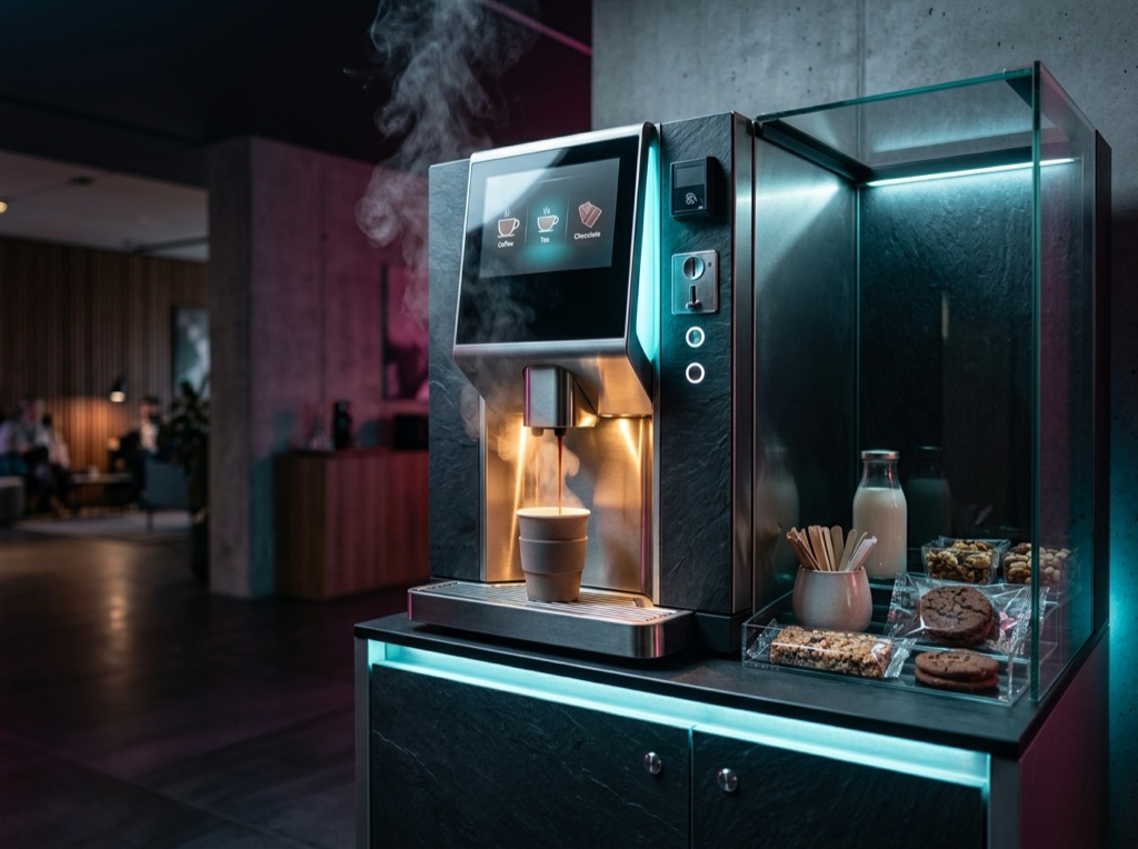 An unbranded hot-beverage kiosk dispensing a cup