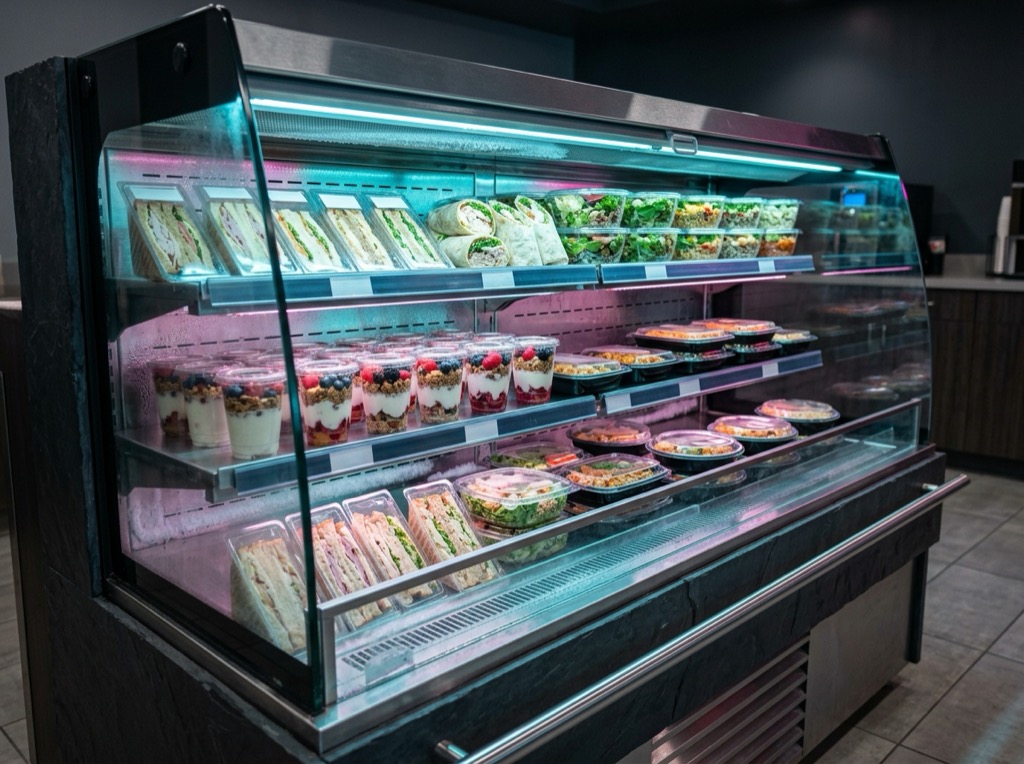 A refrigerated unattended fresh-food case with unbranded meals