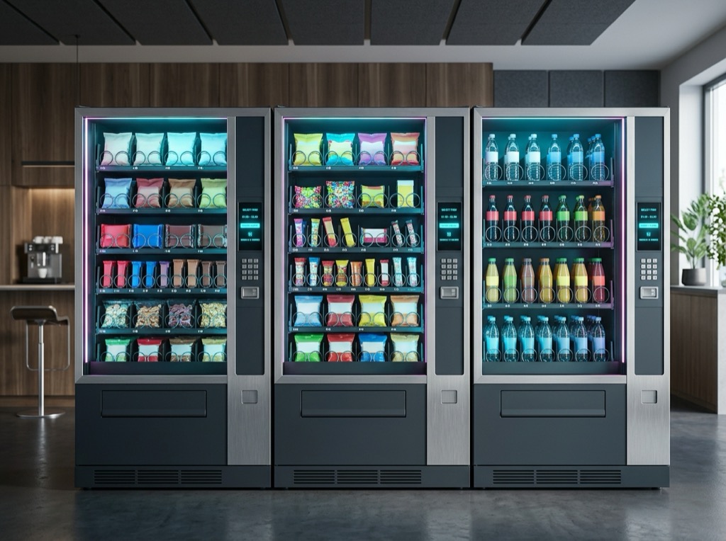 A row of glass-front vending machines with unbranded products