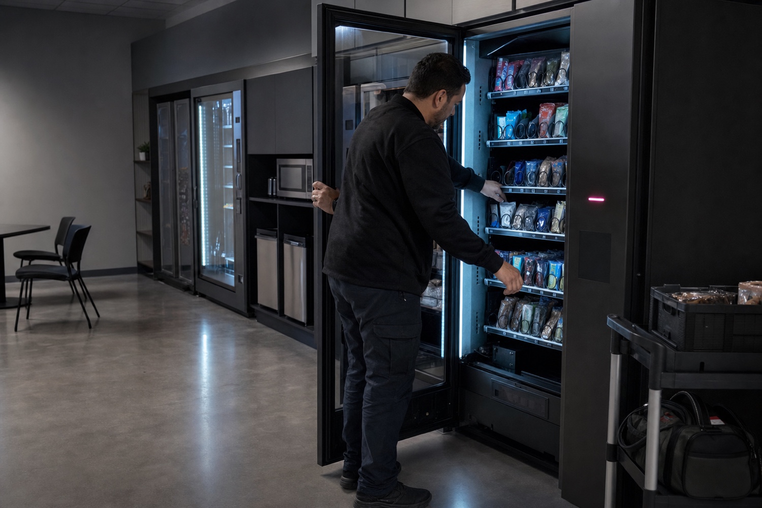 An unattended-retail operator servicing an open glass-front vending machine in a quiet workplace breakroom