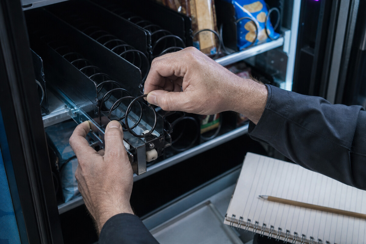 Natural hands inspecting a spiral coil inside an open vending machine