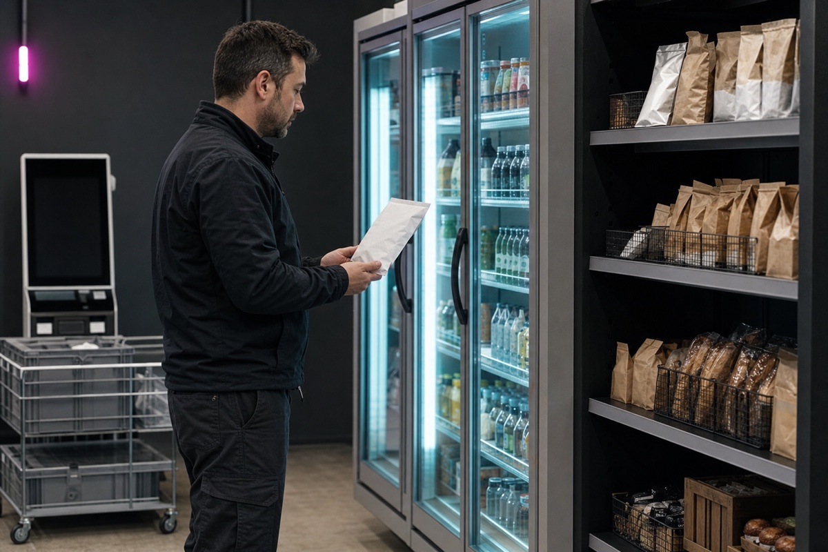 An operator reviewing a plain package in an unattended micro-market