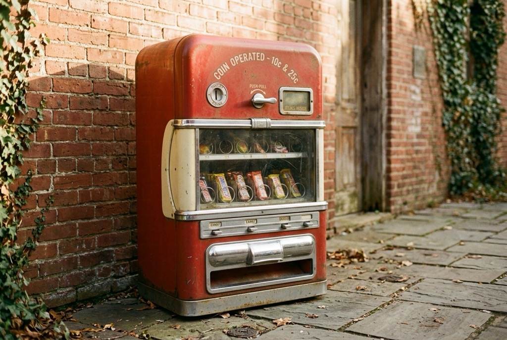 A vintage vending machine on an early route